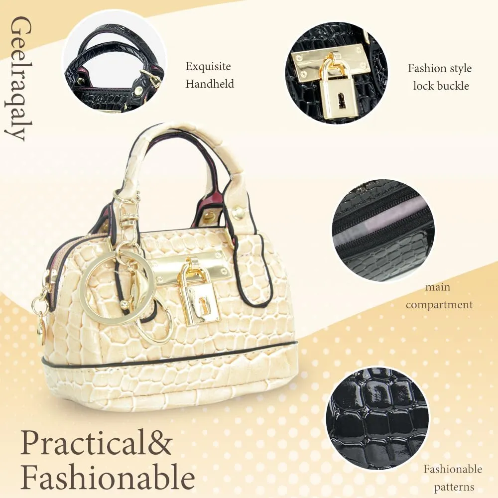 Geerlaqaly Mini Handbag Keychain, PU Leather Crocodile Pattern, Small Change Pouch Coin Purse with Chain harness