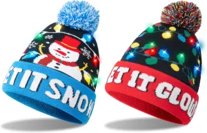 Giggling Getup 2 PCS Unisex Light Up Christmas Hats with Pom Poms, Snowman Beanies Xmas Hats for Adults Kids, Warm Knit for Christmas Party Gifts Multi-Color