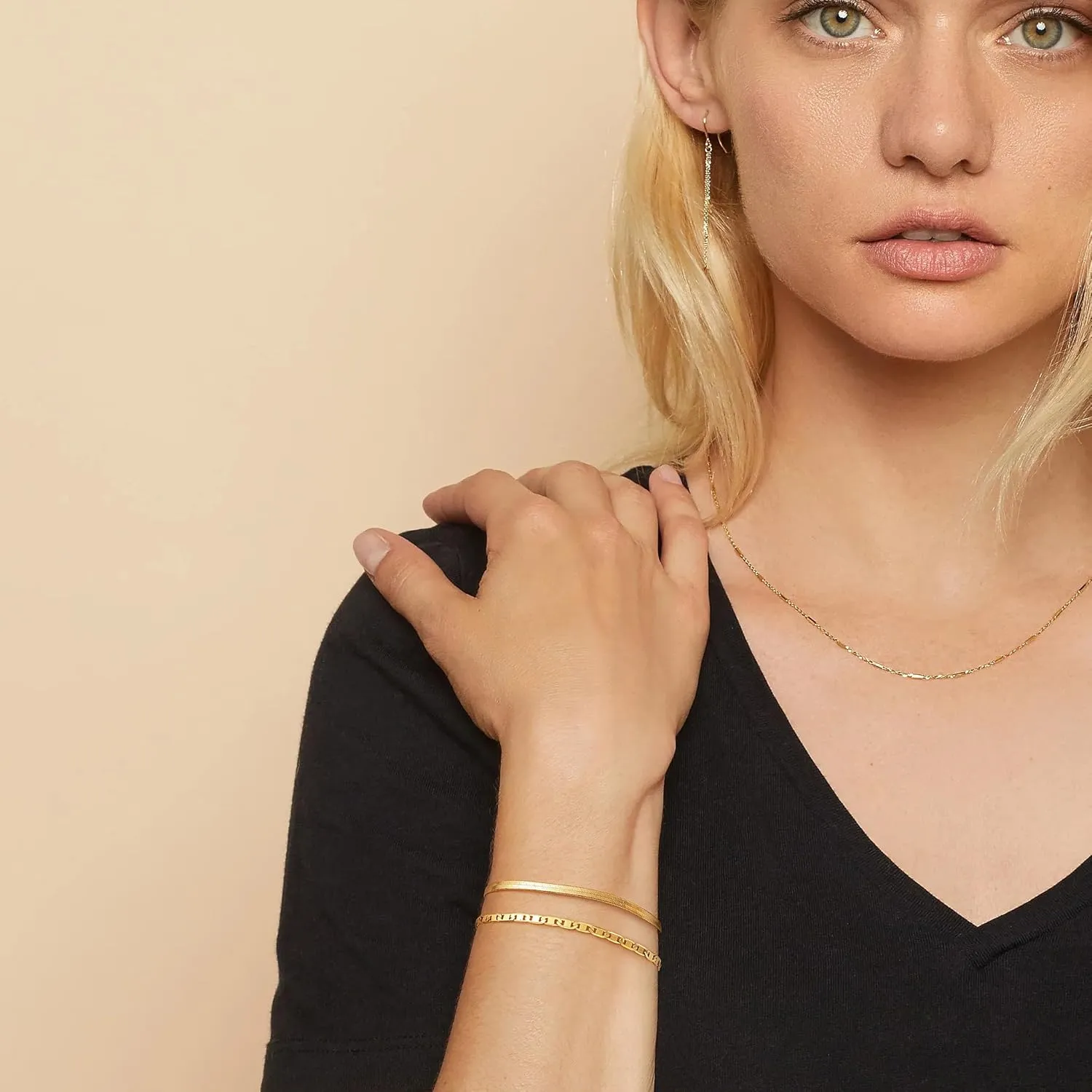 Gold Bracelets for Women 18K Gold Plated Dainty Layered Herringbone/Cuban/Figaro/Snake Chain Adjustable Bracelet Jewelry Gifts for Women