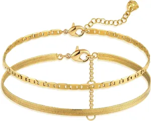 Gold Bracelets for Women 18K Gold Plated Dainty Layered Herringbone/Cuban/Figaro/Snake Chain Adjustable Bracelet Jewelry Gifts for Women