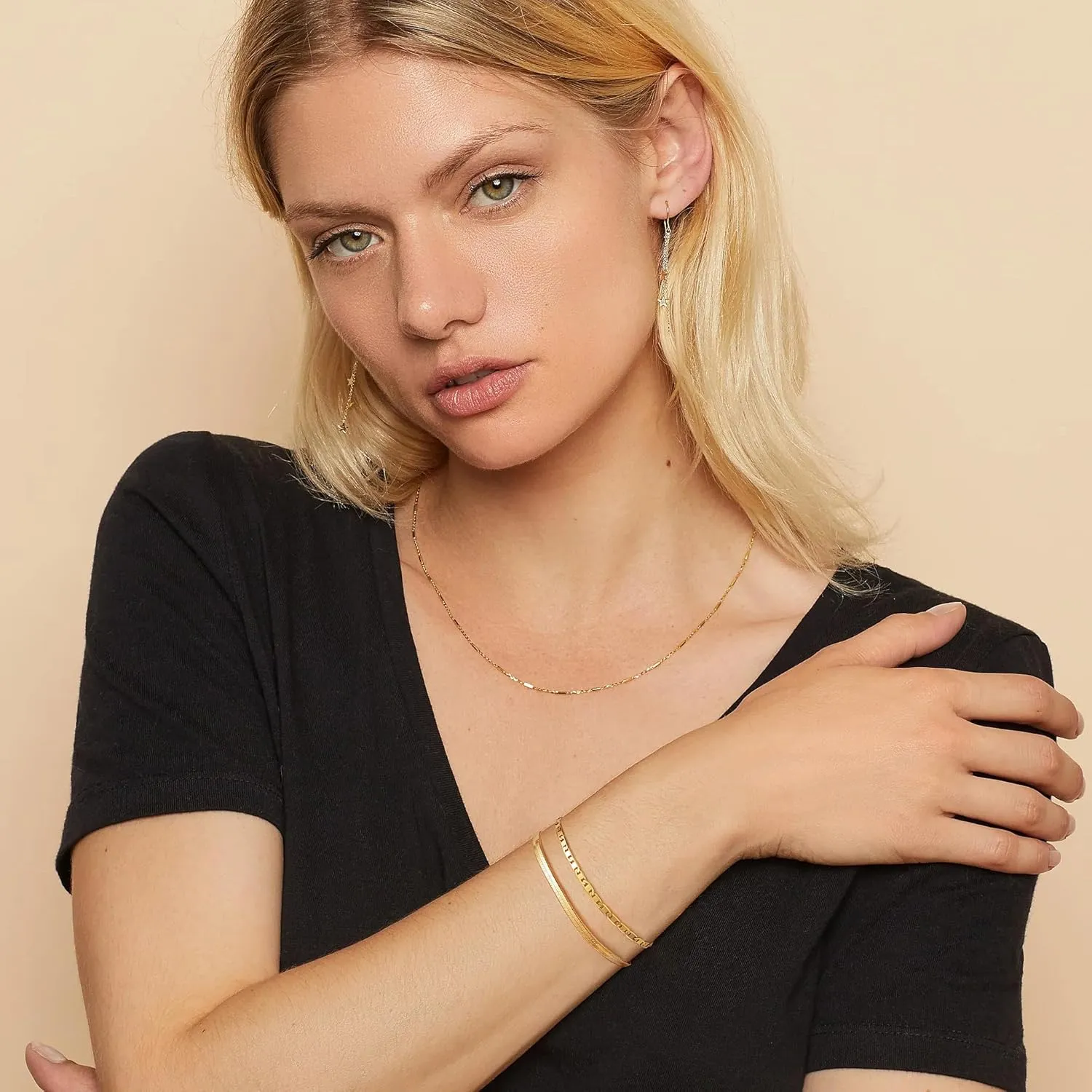 Gold Bracelets for Women 18K Gold Plated Dainty Layered Herringbone/Cuban/Figaro/Snake Chain Adjustable Bracelet Jewelry Gifts for Women