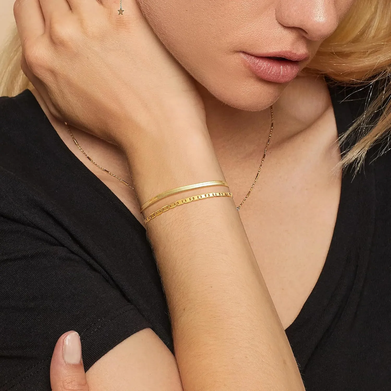 Gold Bracelets for Women 18K Gold Plated Dainty Layered Herringbone/Cuban/Figaro/Snake Chain Adjustable Bracelet Jewelry Gifts for Women