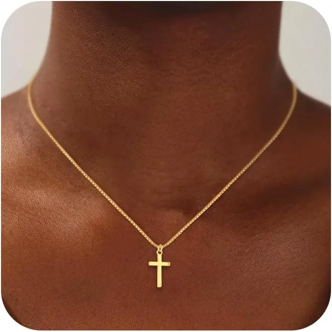 Gold Cross Necklace for Women Dainty 14K Gold Plated Cross Pendant Charm Choker Necklaces Extenders Simple Trendy Religious Jewelry Necklace Womens Simple Cute Gold Gifts