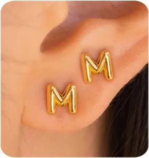 Gold Earrings for Women 14K Gold Initial Letter Stud Earrings Trendy Simple Tiny Small Minimalist Dainty Cute Hypoallergenic Initial Earrings Jewelry Gifts