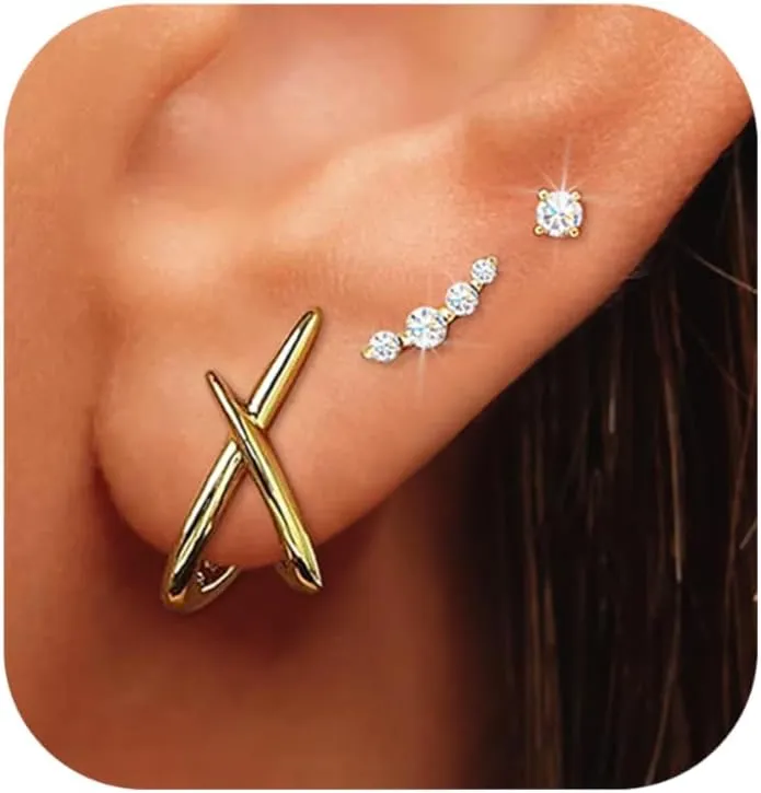 Gold Stud Earrings for Women Trendy, 14k Gold Studs Earring Set Hypoallergenic Minimalist Cubic Zircon Diamond Earring for Women, Dainty Earrings Jewelry for Gifts