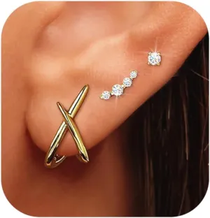 Gold Stud Earrings for Women Trendy, 14k Gold Studs Earring Set Hypoallergenic Minimalist Cubic Zircon Diamond Earring for Women, Dainty Earrings Jewelry for Gifts