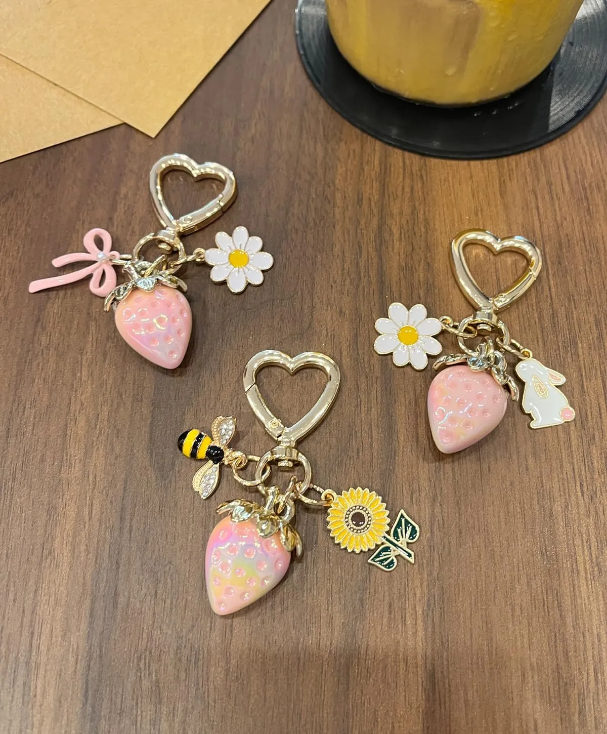 Graduation Gifts Cute Strawberry Keychain Bag Charm with Bee Sunflower for Mom Wife Friends Teacher