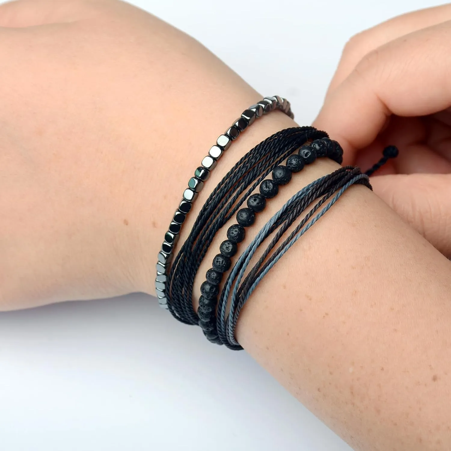 Handmade Natural Stone Beaded Healing Adjustable Bracelet Gift for Womenen-Set of 2 Stackable Rope Bracelets for Teen Girls (Lava Rock)