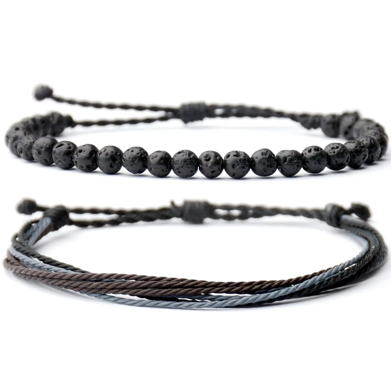 Handmade Natural Stone Beaded Healing Adjustable Bracelet Gift for Womenen-Set of 2 Stackable Rope Bracelets for Teen Girls (Lava Rock)