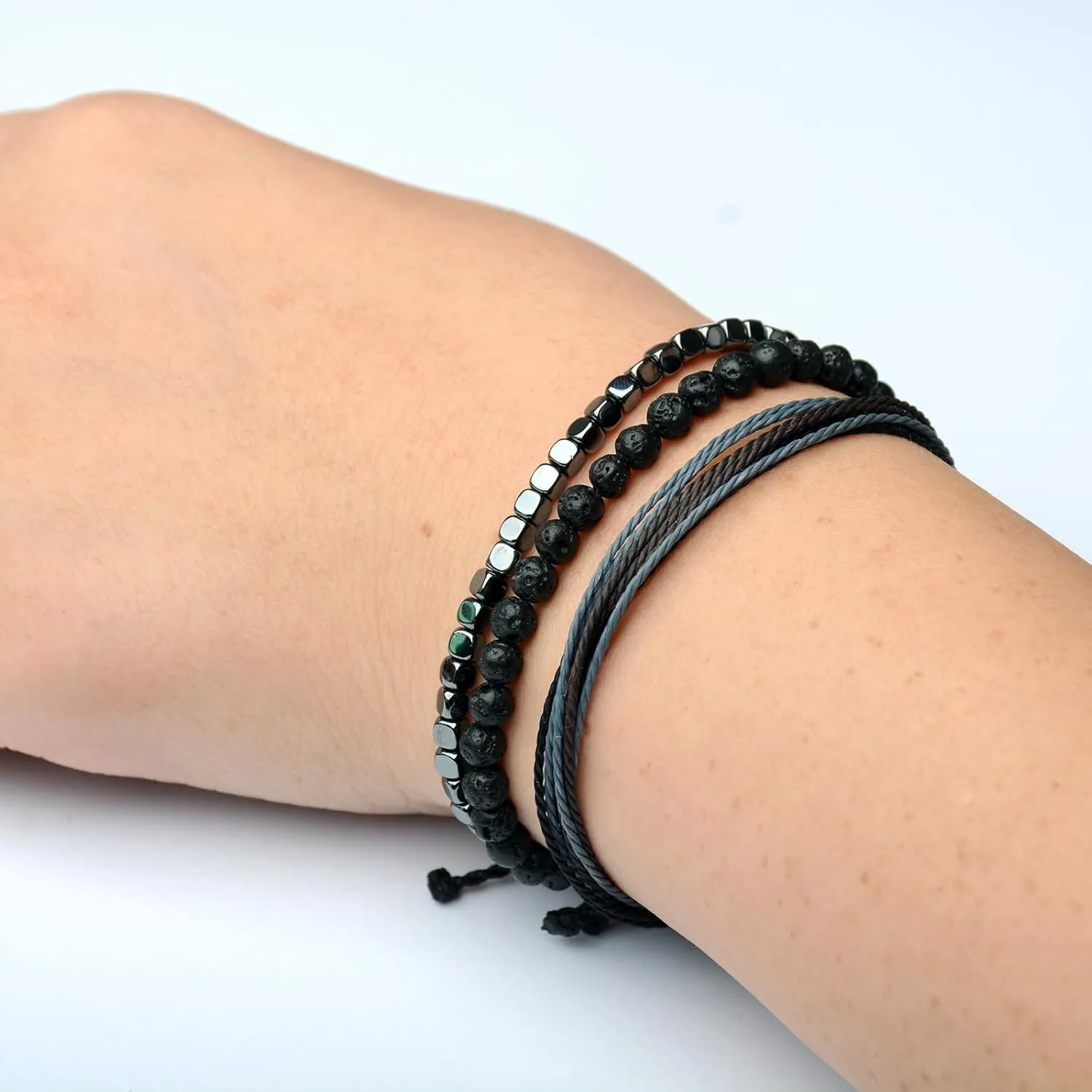 Handmade Natural Stone Beaded Healing Adjustable Bracelet Gift for Womenen-Set of 2 Stackable Rope Bracelets for Teen Girls (Lava Rock)