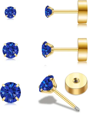 Handmade Tiny Flat Back Stud Earrings: 3 Pairs 14K Gold Plated Screw Flatback 2 3 4mm Cubic Zirconia Earrings Cartilage Piercing Jewelry for Women Helix Tragus Earlobe