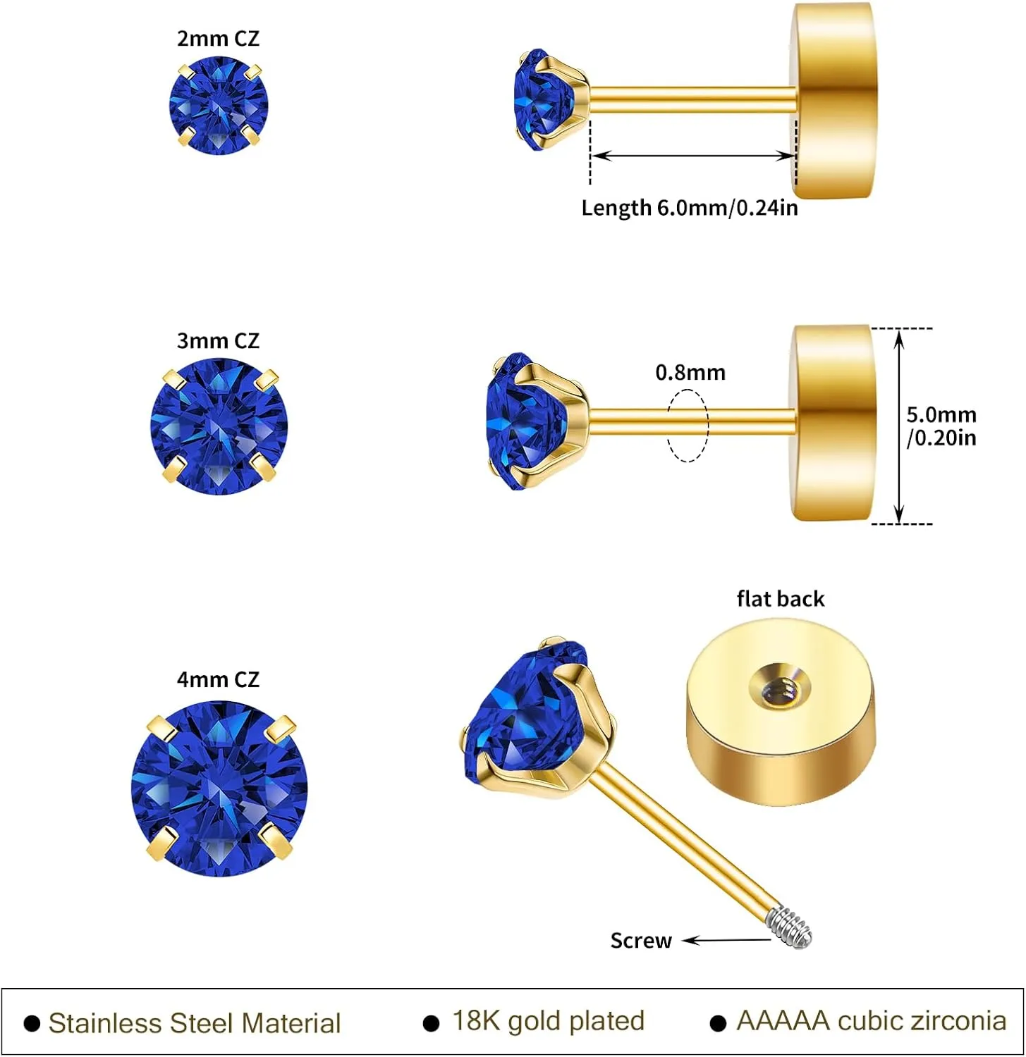 Handmade Tiny Flat Back Stud Earrings: 3 Pairs 14K Gold Plated Screw Flatback 2 3 4mm Cubic Zirconia Earrings Cartilage Piercing Jewelry for Women Helix Tragus Earlobe