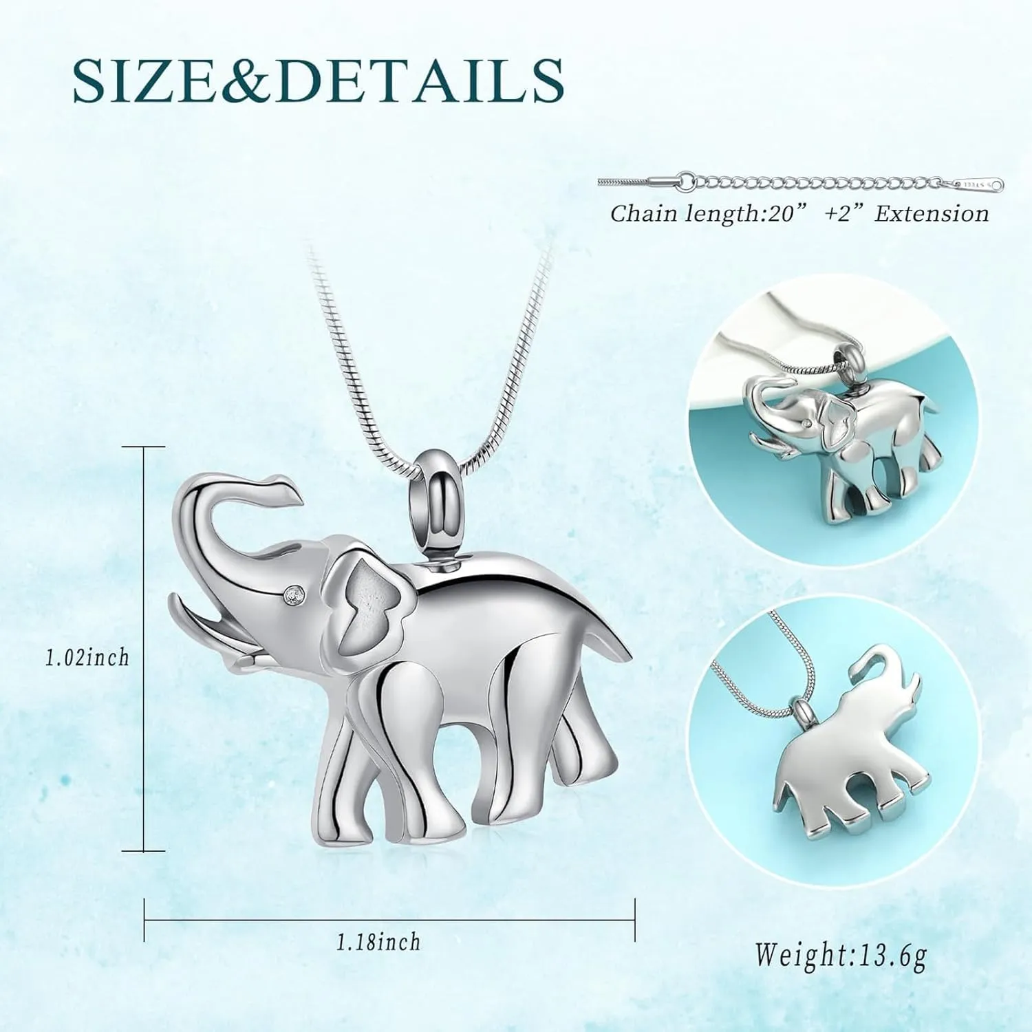 Hearbeingt Cremation Jewelry for Ashes Urn Necklace for Human Pet Ashes Pendant, Elephant Memorial Jewelry for Pet for Men Women