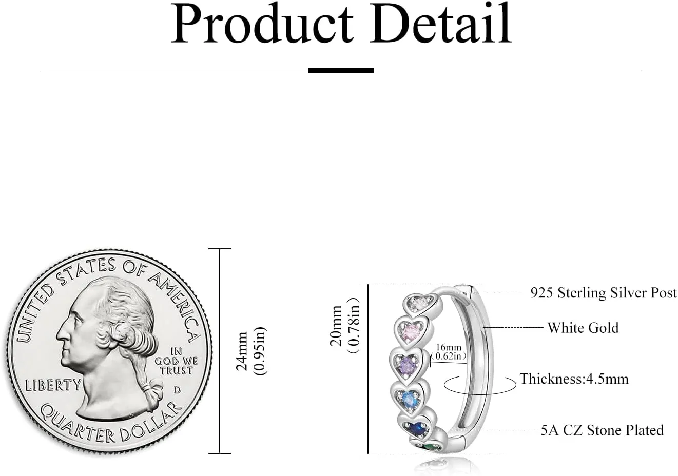 Heart Rainbow Hoop Earrings for Women 14k Gold plated Multicolor Cubic Zirconia Huggie Hoop Earrings with 925 Sterling Silver Post | 20mm