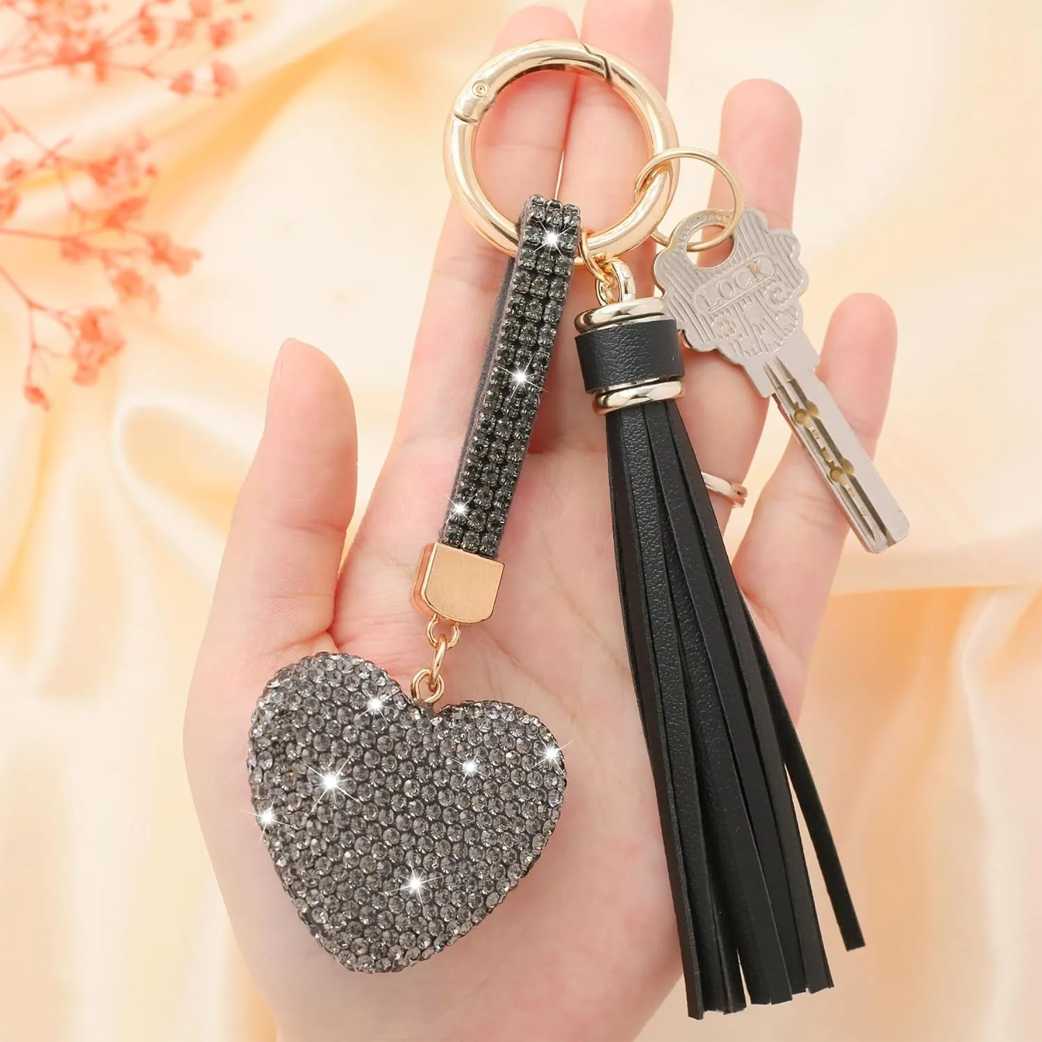 Heart Shape Rhinestone Glitter Keychains for Women Charms Purse Crystal Tassel Car Key Rings Backpacks
