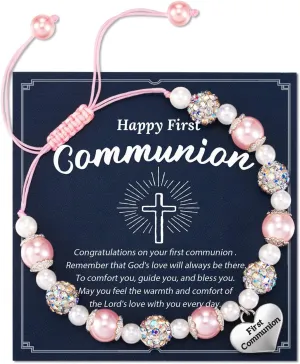 HGDEER First Communion Baptism Gifts, Cross Confirmation Gifts, Pink Pearl and Rhinestone Balls Bracelets for Granddaughter Goddaughter