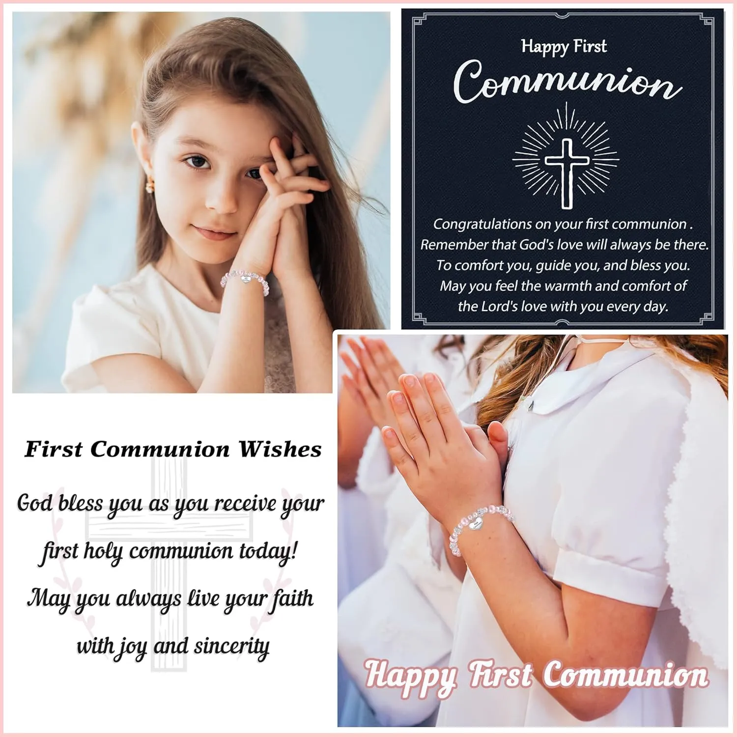 HGDEER First Communion Baptism Gifts, Cross Confirmation Gifts, Pink Pearl and Rhinestone Balls Bracelets for Granddaughter Goddaughter