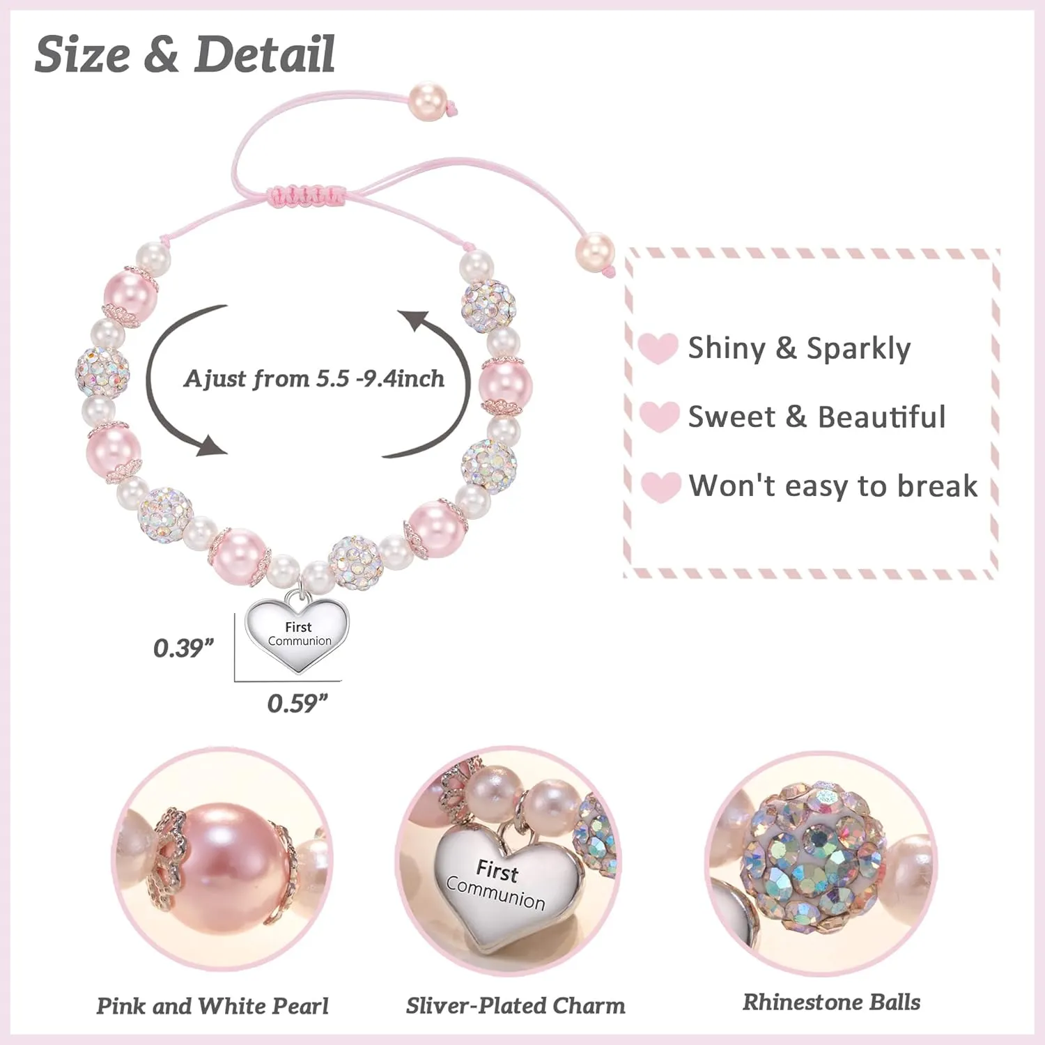 HGDEER First Communion Baptism Gifts, Cross Confirmation Gifts, Pink Pearl and Rhinestone Balls Bracelets for Granddaughter Goddaughter