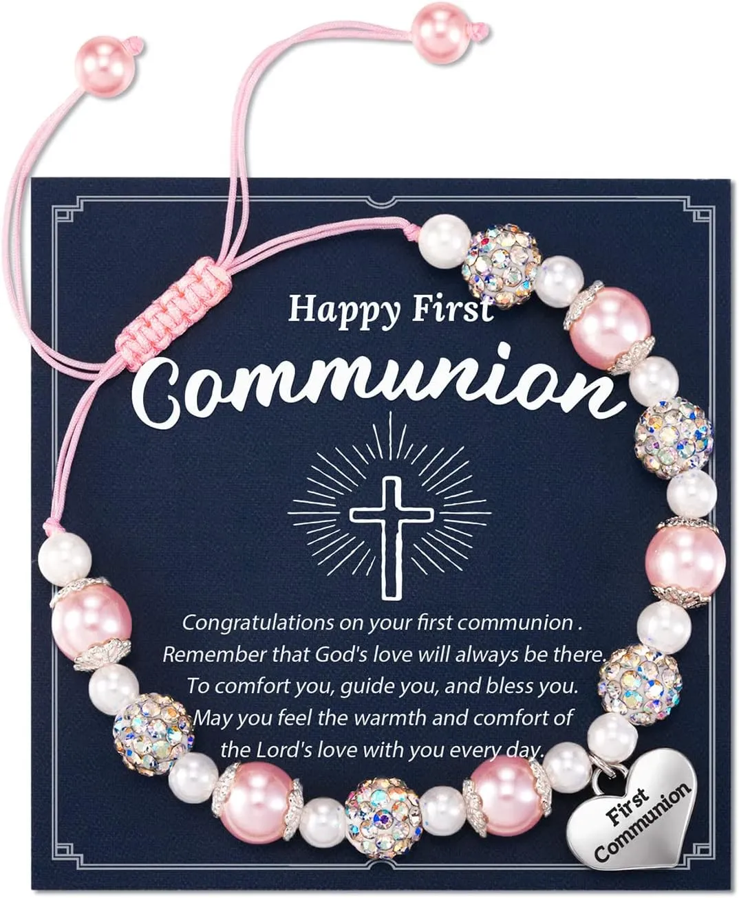 HGDEER First Communion Baptism Gifts, Cross Confirmation Gifts, Pink Pearl and Rhinestone Balls Bracelets for Granddaughter Goddaughter