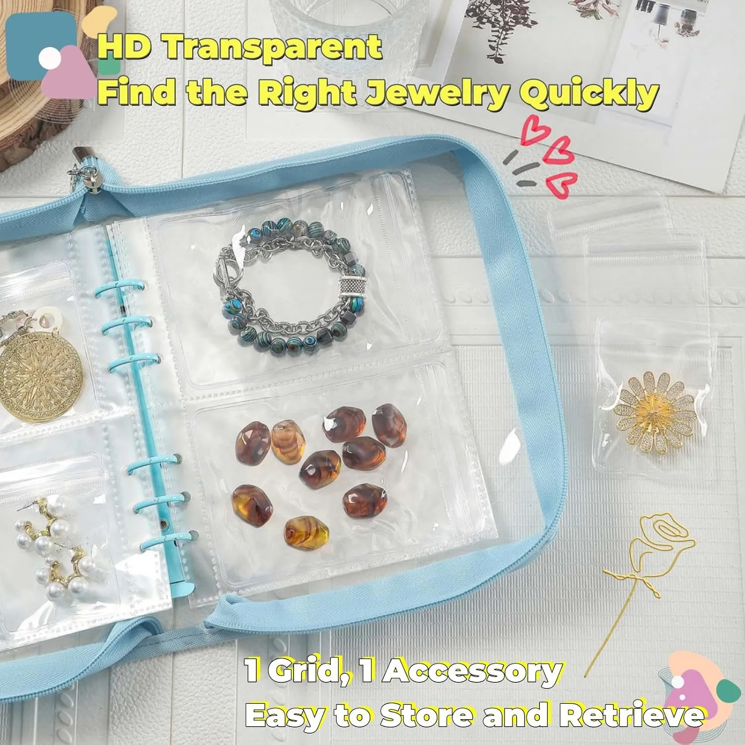 High Capacity Bracelet Storage Organizer Travel Jewelry Organizer Transparent Jewelry Storage Book for Earring, Necklace, Ring, With pvc Jewelry Pouches Zipper Bags