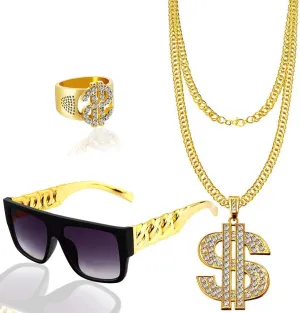 Hip Hop Costume Kit, Dollar Sign Necklace and Ring, 80s 90s Sunglasses Rapper Punk Gold Chain Gold Plated Chain Dollar Necklace for Men Woman punk Carnival Party