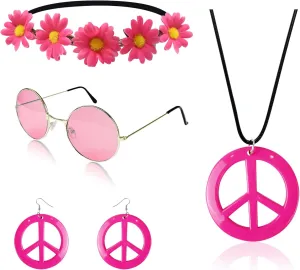 Hippie Costume Set Includes Peace Sign Necklace and Earring, Flower Crown Headband and Sunglasses 60s 70s Party Accessories
