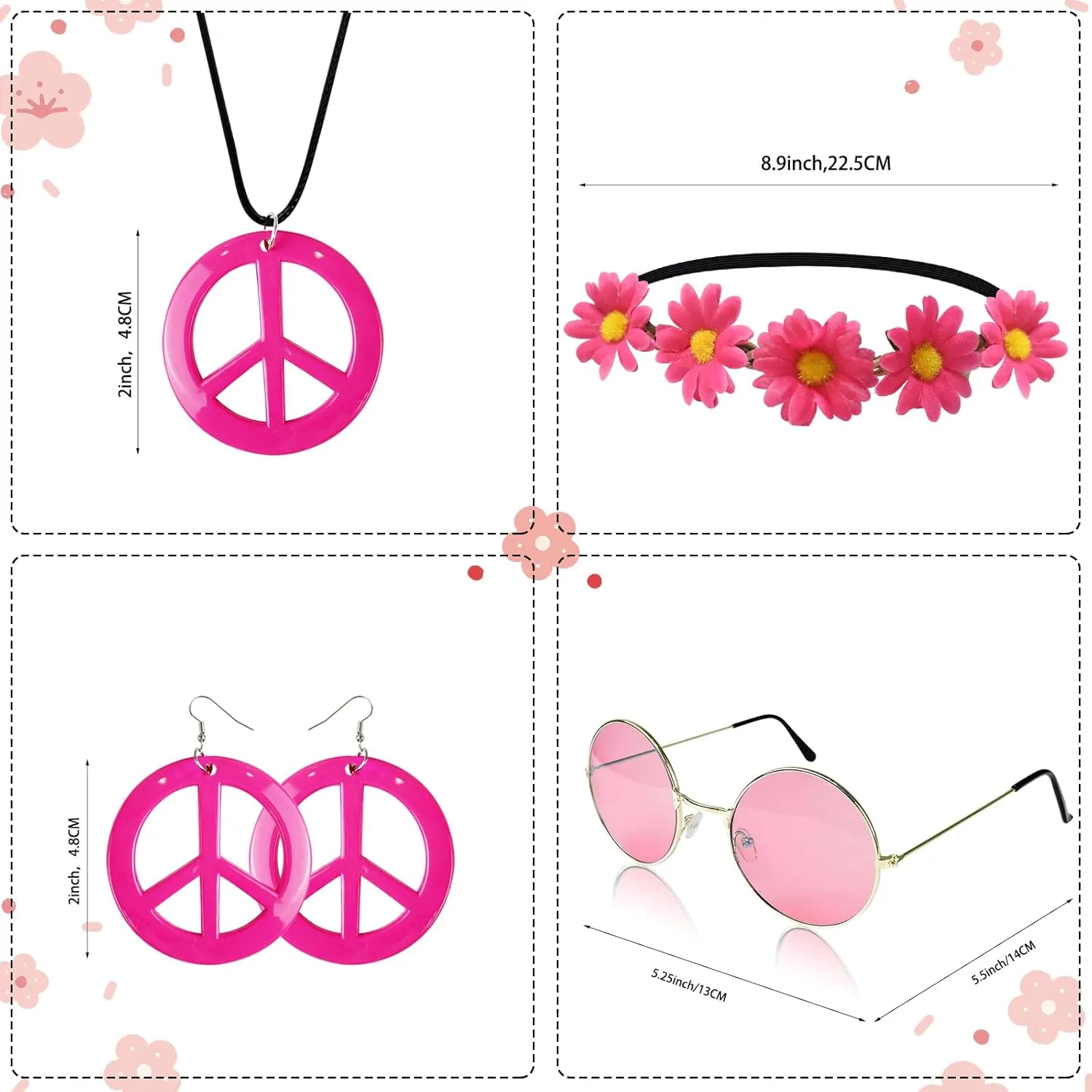 Hippie Costume Set Includes Peace Sign Necklace and Earring, Flower Crown Headband and Sunglasses 60s 70s Party Accessories