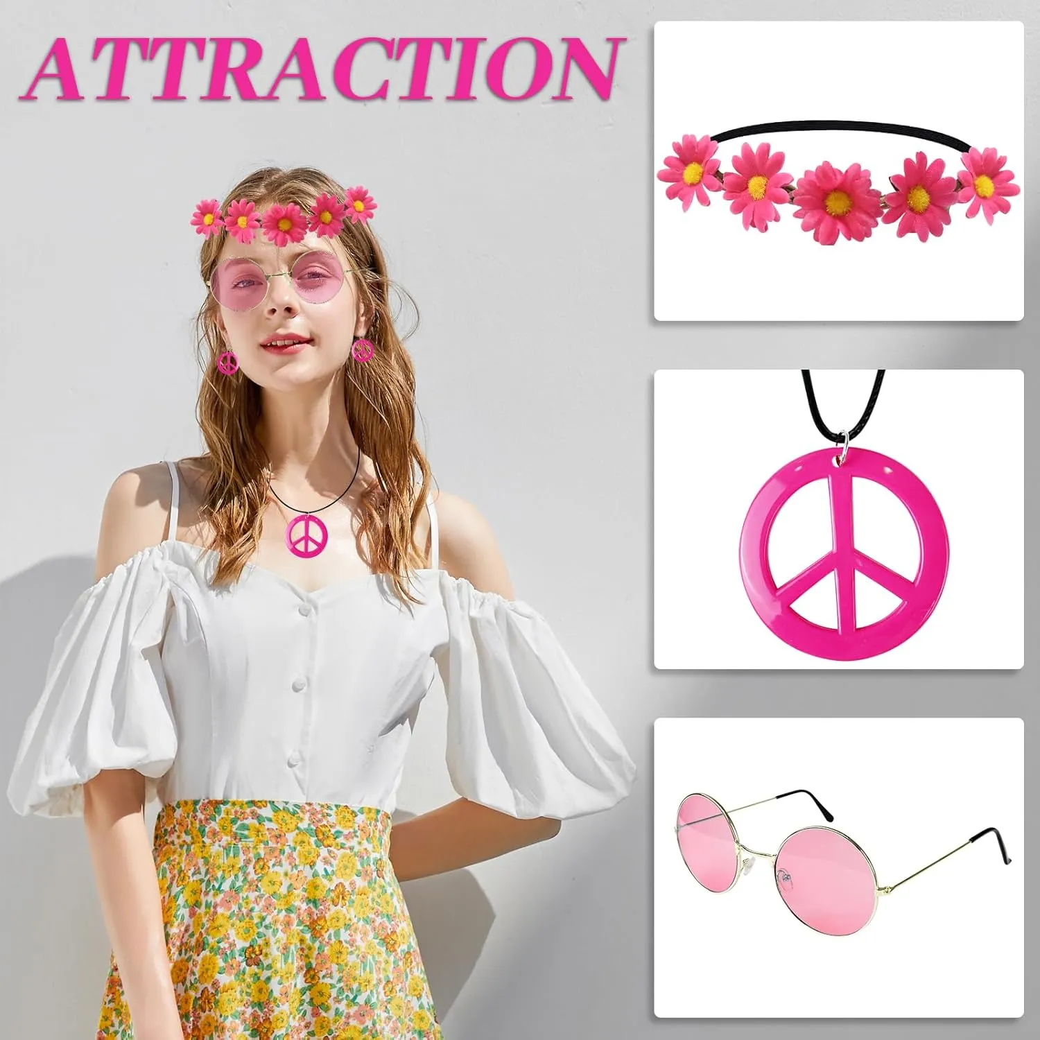 Hippie Costume Set Includes Peace Sign Necklace and Earring, Flower Crown Headband and Sunglasses 60s 70s Party Accessories
