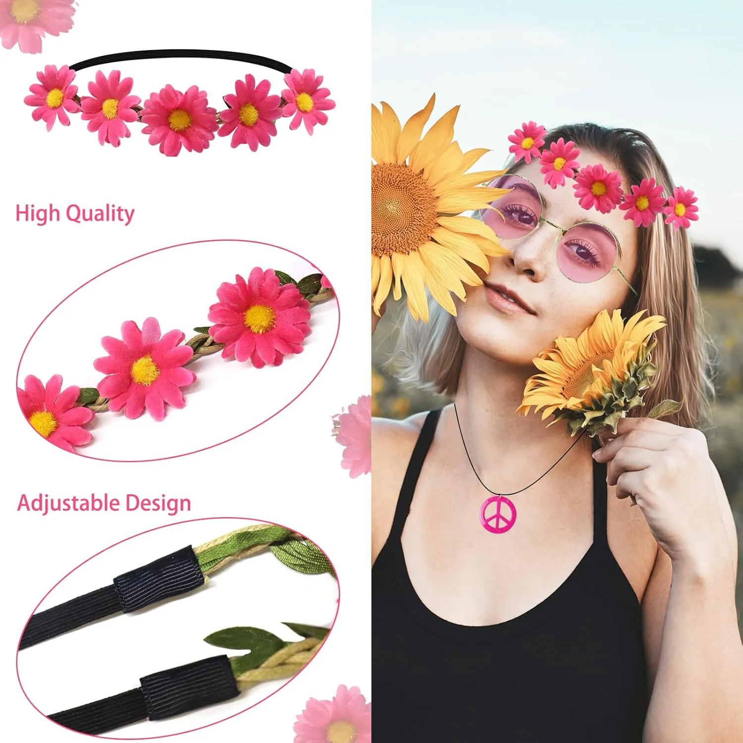 Hippie Costume Set Includes Peace Sign Necklace and Earring, Flower Crown Headband and Sunglasses 60s 70s Party Accessories