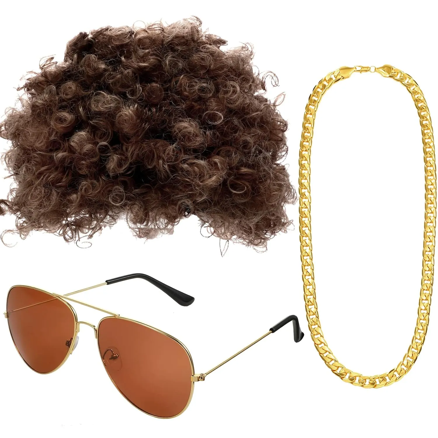 Hippie Disco Costume Men Set Funky Afro Wig,Gold Celebrity Sunglasses Faux Gold Chain for 50/60/70s Party Accessories(Brown Hair)