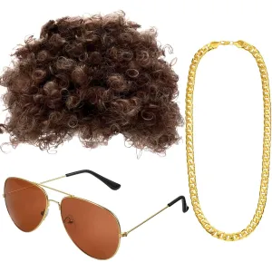 Hippie Disco Costume Men Set Funky Afro Wig,Gold Celebrity Sunglasses Faux Gold Chain for 50/60/70s Party Accessories(Brown Hair)