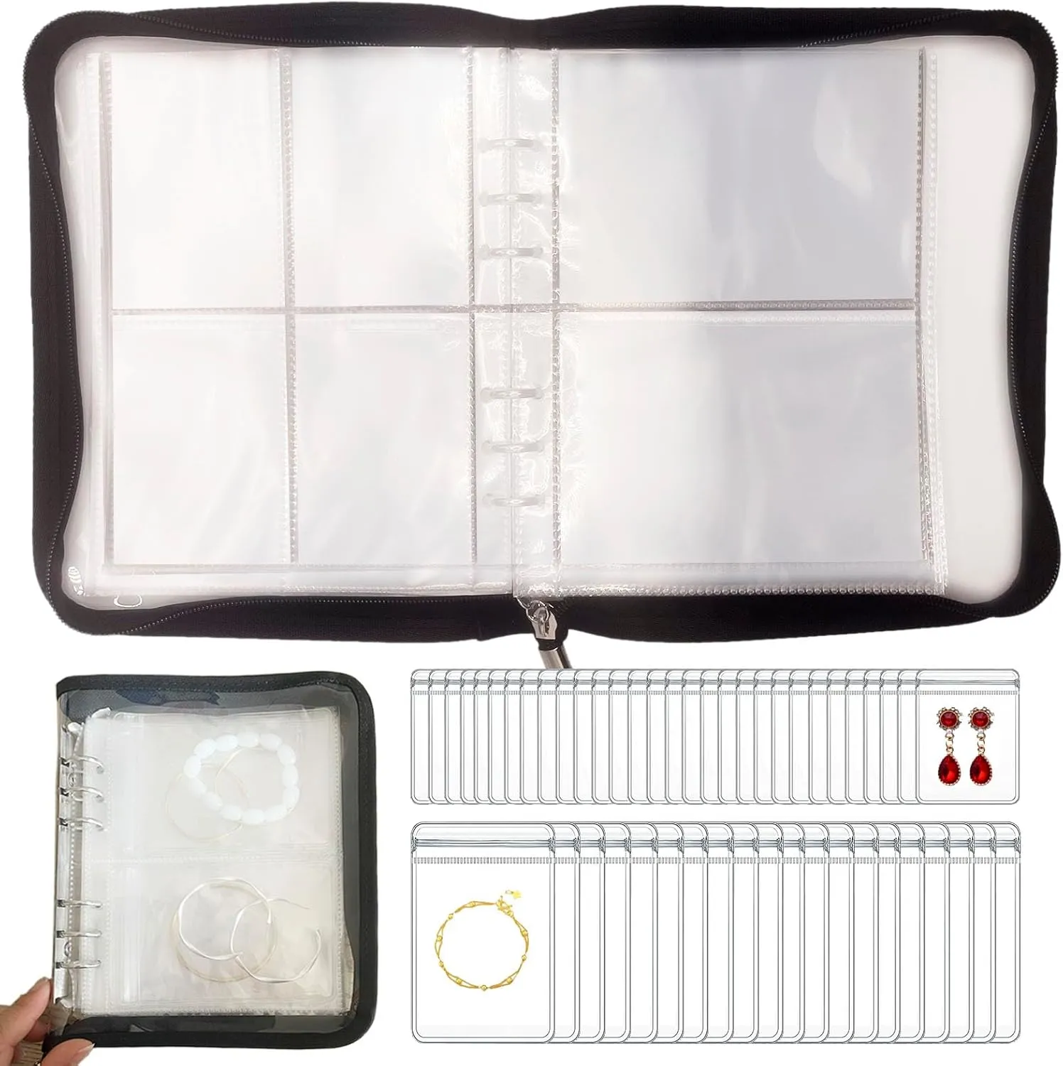 HSLFUAI Transparent Jewelry Storage Book - Travel Jewelry Organizer for Necklace, Bracelet, Ring Holder with Small Clear Pouch