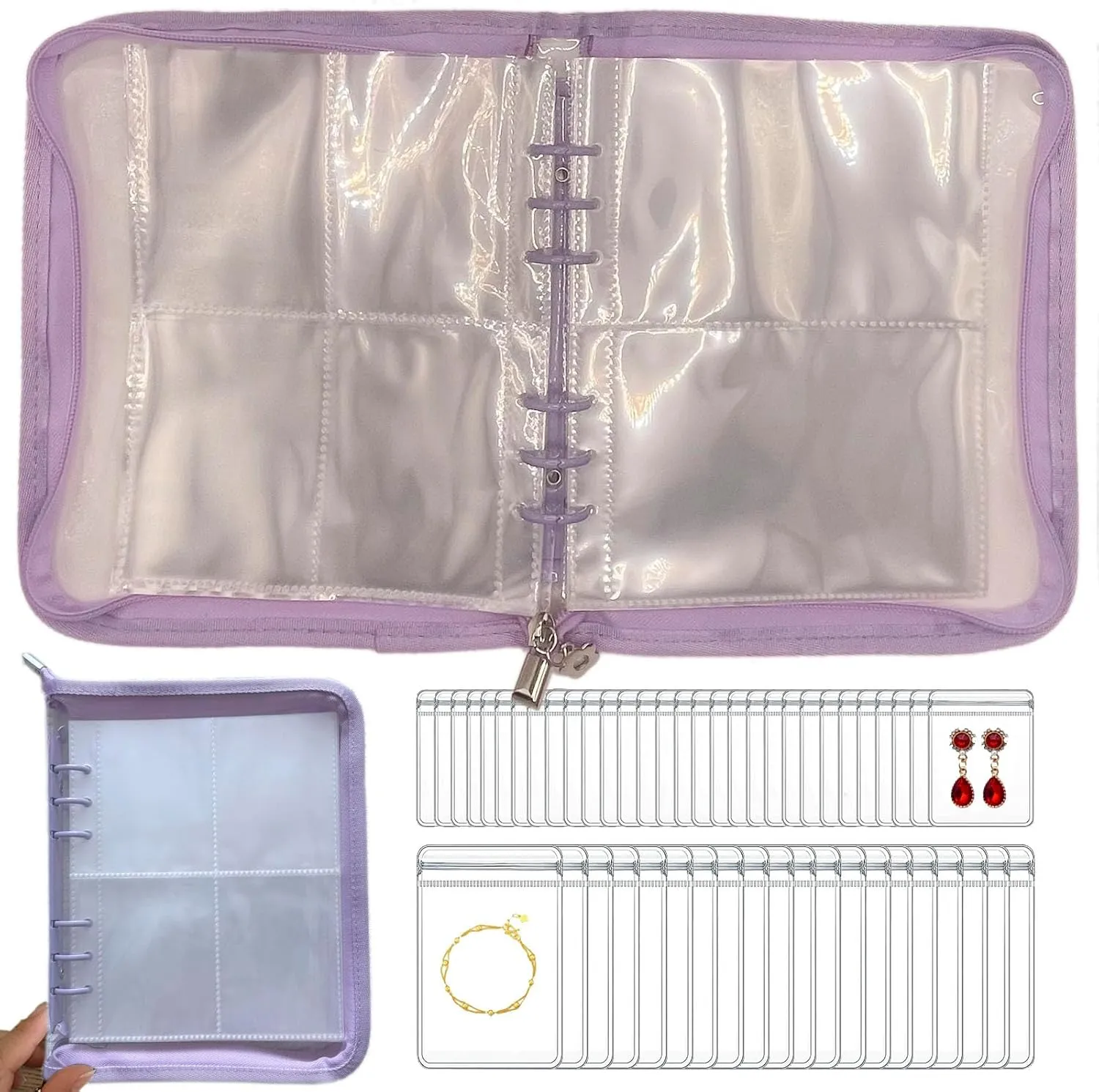 HSLFUAI Transparent Jewelry Storage Book Travel Jewelry Organizer Transparent Jewelry Book Organizer for Necklace Bracelet Ring Holder Jewelry Organizer Book with Small Clear Pouch - Purple