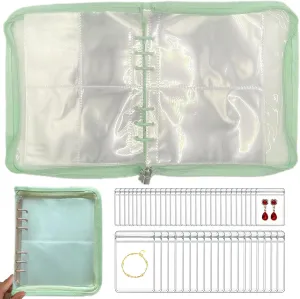 HSLFUAI Transparent Jewelry Storage Travel Organizer Book for Necklace, Bracelet, Ring - Holder With Small Clear Pouch - Green