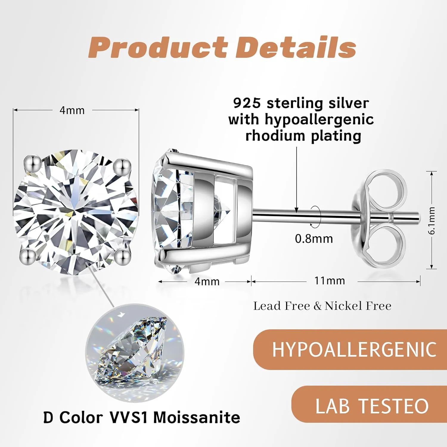 Hypoallergenic Moissanite Earrings for Men - Sterling Silver 4-6.5mm (0.6-2ct) Round Cut D Color VVS1 Studs, 18K White Gold Plated Lab Created Diamond Alternative Jewelry Gifts