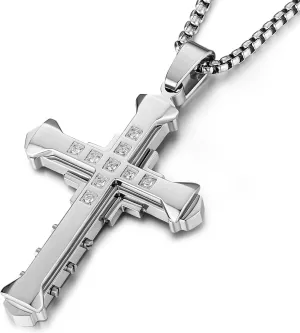 HZMAN Religion Men's Large Byzantium Stainless Steel Cubic Zirconia Cross Necklace Pendant 22   2 Inch Chain
