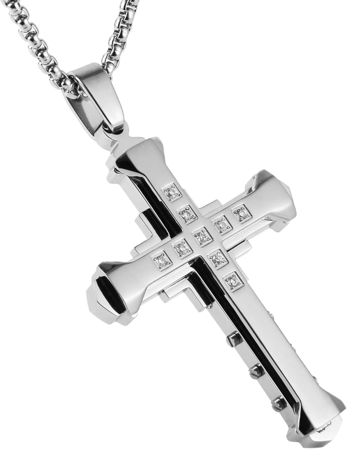 HZMAN Religion Men's Large Byzantium Stainless Steel Cubic Zirconia Cross Necklace Pendant 22   2 Inch Chain