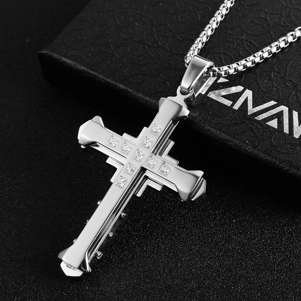 HZMAN Religion Men's Large Byzantium Stainless Steel Cubic Zirconia Cross Necklace Pendant 22   2 Inch Chain