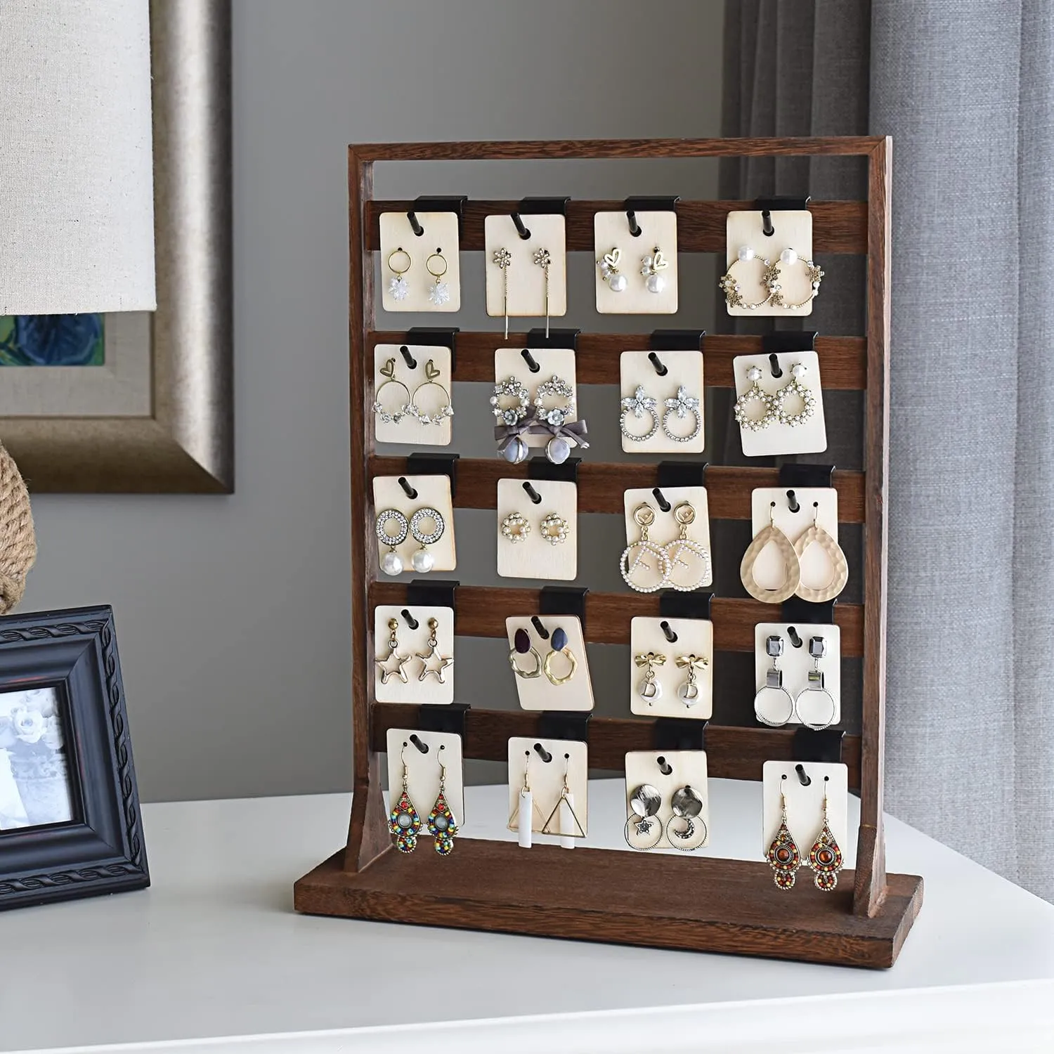 Ikee Design 5 Tiers Wooden Jewelry Display Rack with 20 Removable Metal Hooks,Earring Card Display Stand,Jewelry Organizer,Bracelet Organizer,Keychain Stand,Brown Color