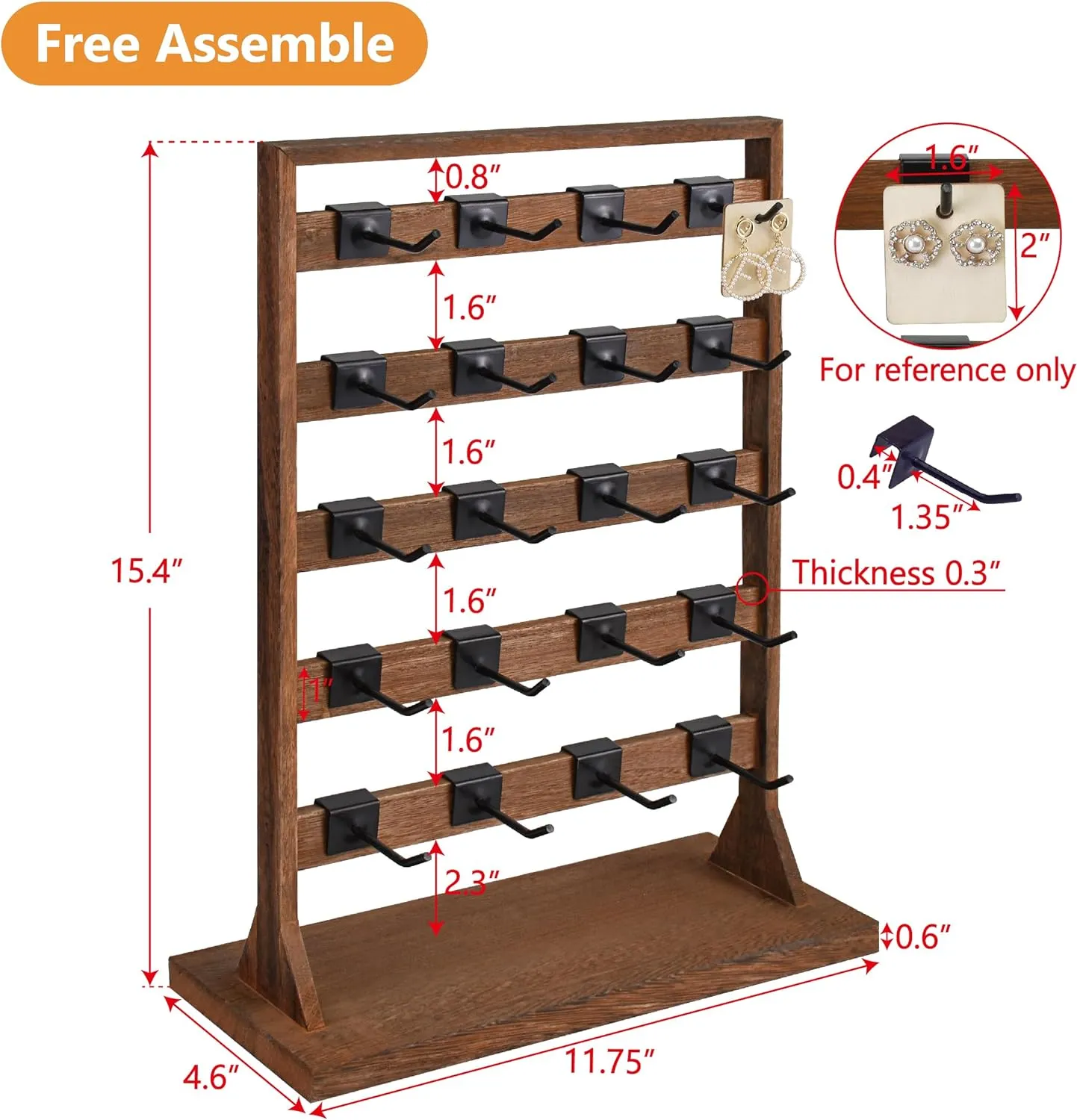 Ikee Design 5 Tiers Wooden Jewelry Display Rack with 20 Removable Metal Hooks,Earring Card Display Stand,Jewelry Organizer,Bracelet Organizer,Keychain Stand,Brown Color