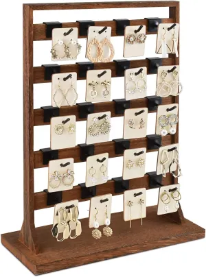 Ikee Design 5 Tiers Wooden Jewelry Display Rack with 20 Removable Metal Hooks,Earring Card Display Stand,Jewelry Organizer,Bracelet Organizer,Keychain Stand,Brown Color