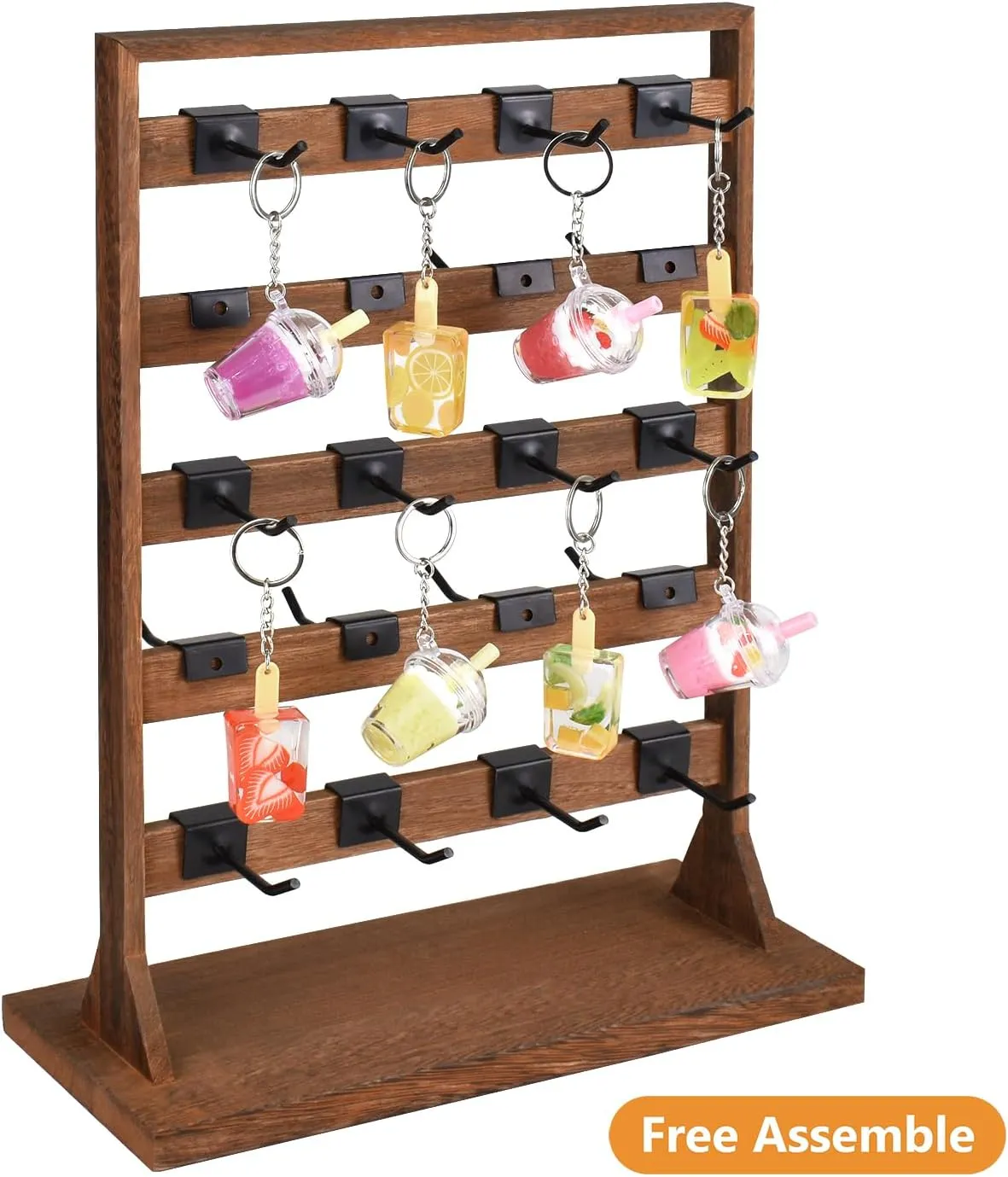 Ikee Design 5 Tiers Wooden Jewelry Display Rack with 20 Removable Metal Hooks,Earring Card Display Stand,Jewelry Organizer,Bracelet Organizer,Keychain Stand,Brown Color