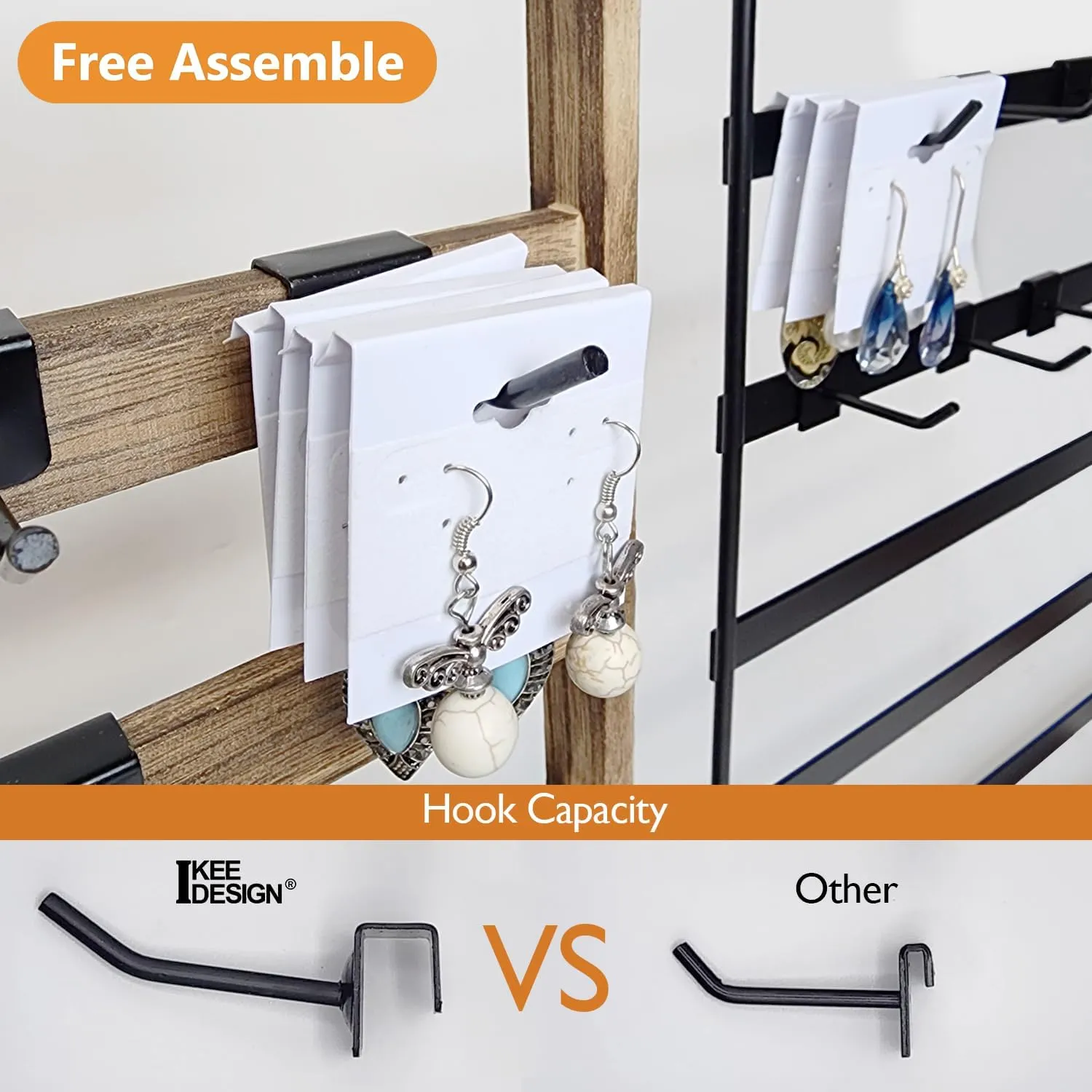 Ikee Design 5 Tiers Wooden Jewelry Display Rack with 20 Removable Metal Hooks,Earring Card Display Stand,Jewelry Organizer,Bracelet Organizer,Keychain Stand,Brown Color
