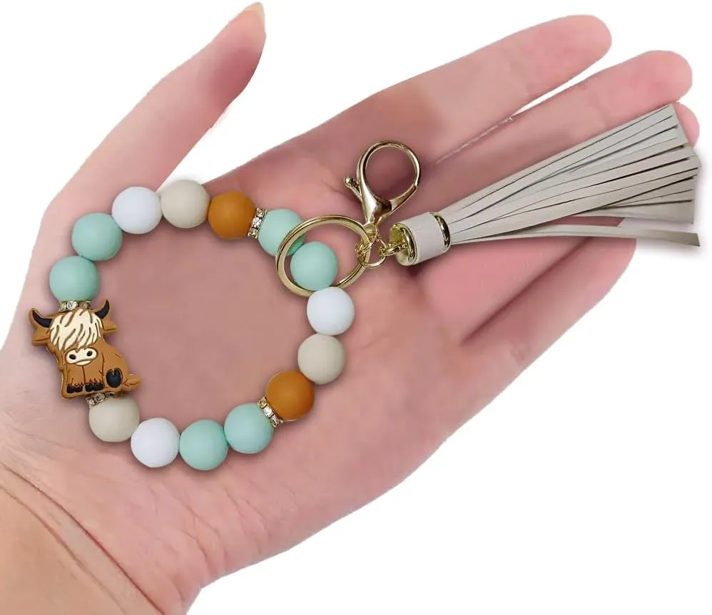 iMagitek Highland Cow Silicone Wristlet Keychain Highland Cow Elastic Bracelet Keychain Keyring Gift for Girls Women