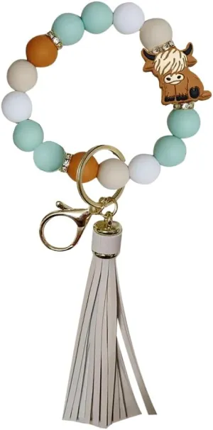 iMagitek Highland Cow Silicone Wristlet Keychain Highland Cow Elastic Bracelet Keychain Keyring Gift for Girls Women