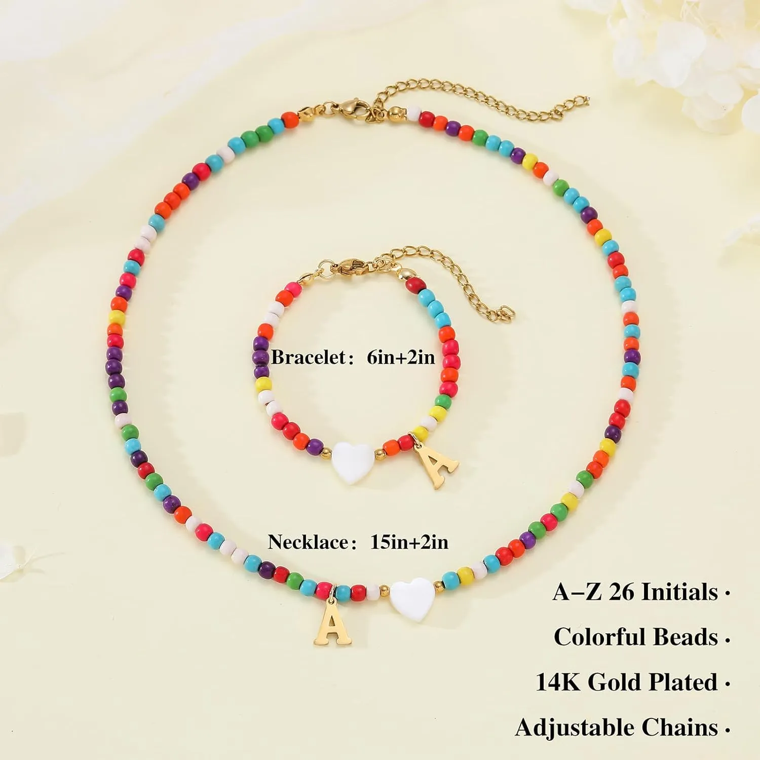 Initial Necklace Bracelet Set for Women - Colorful Beaded Jewelry, Gold Letter Initial A-Z Necklace Friendship Bracelets Gifts for Women Teen Girls