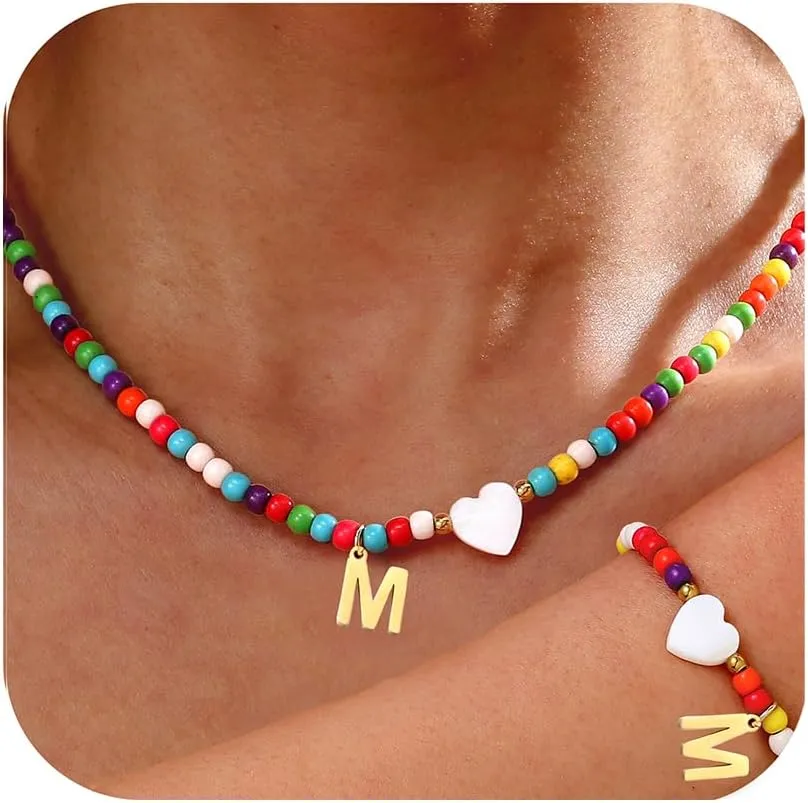 Initial Necklace Bracelet Set for Women - Colorful Beaded Jewelry, Gold Letter Initial A-Z Necklace Friendship Bracelets Gifts for Women Teen Girls