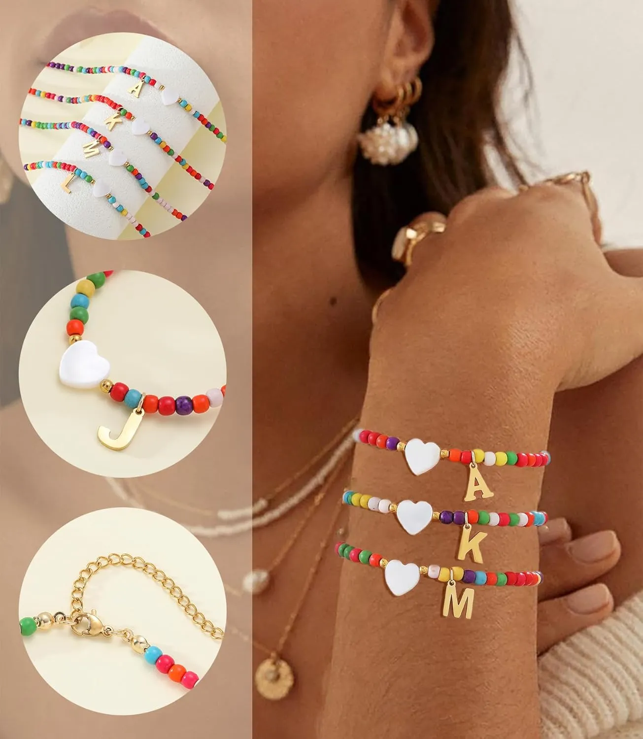 Initial Necklace Bracelet Set for Women - Colorful Beaded Jewelry, Gold Letter Initial A-Z Necklace Friendship Bracelets Gifts for Women Teen Girls