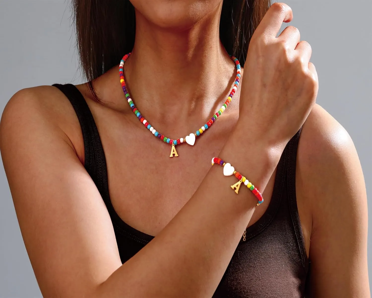 Initial Necklace Bracelet Set for Women - Colorful Beaded Jewelry, Gold Letter Initial A-Z Necklace Friendship Bracelets Gifts for Women Teen Girls