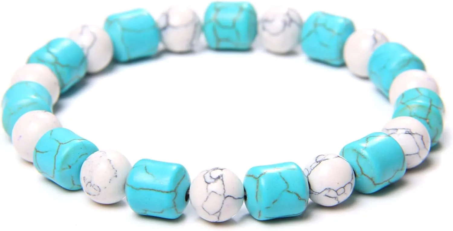 Irregular Shape Turquois Bracelets Men Handmade Elastic Spacer Blue Stone Beads Bangle Women Friendship Couples Vintage Jewelry,14,21 cm
